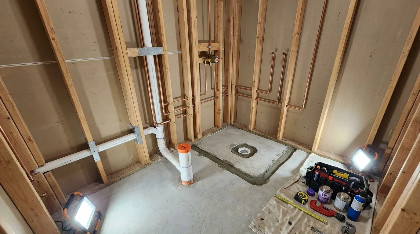 Bathroom rough-in plumbing during remodel by Johns Plumbing LLC in Des Moines