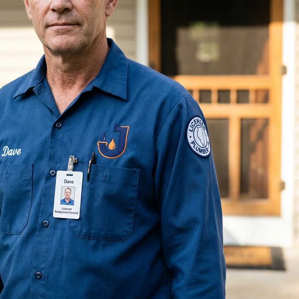 Licensed plumber showing ID badge in Des Moines, IA