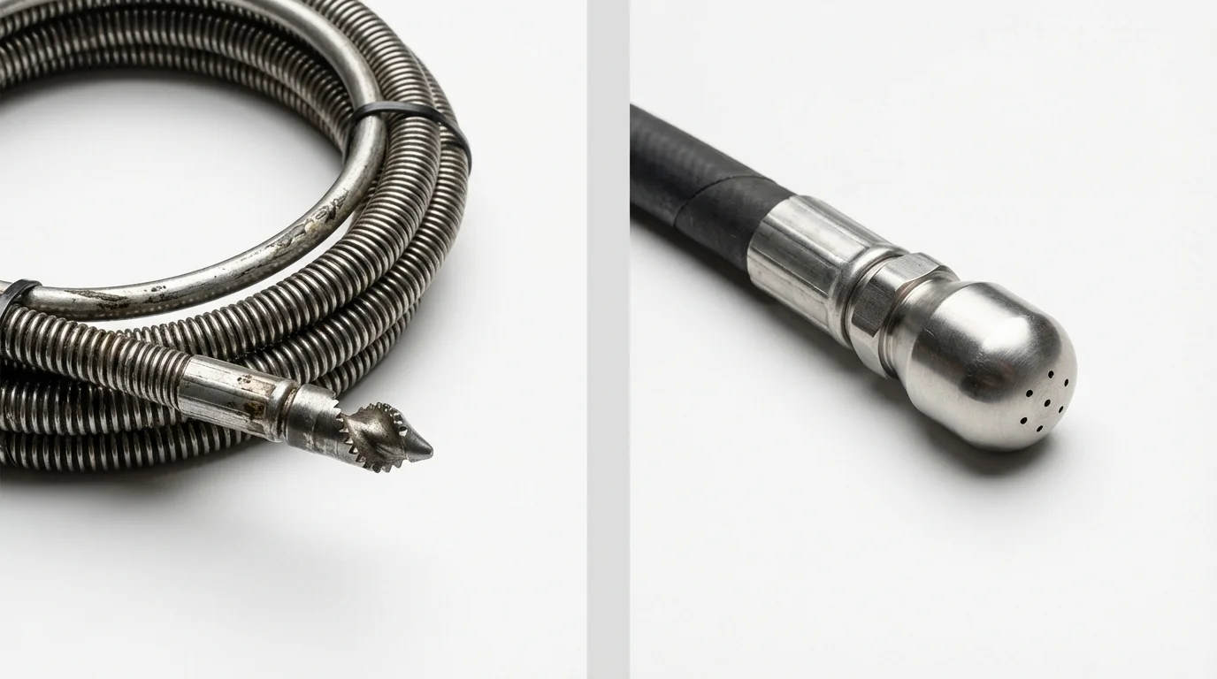 Drain snake cable and hydro jetting nozzle used for drain cleaning in Des Moines, IA