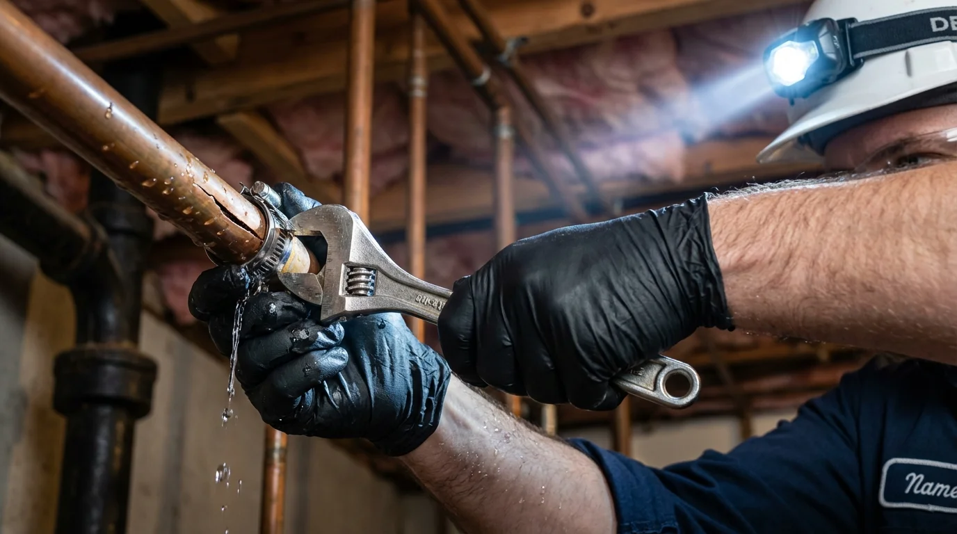 Emergency pipe clamp repair being performed by a Johns Plumbing LLC plumber in Des Moines