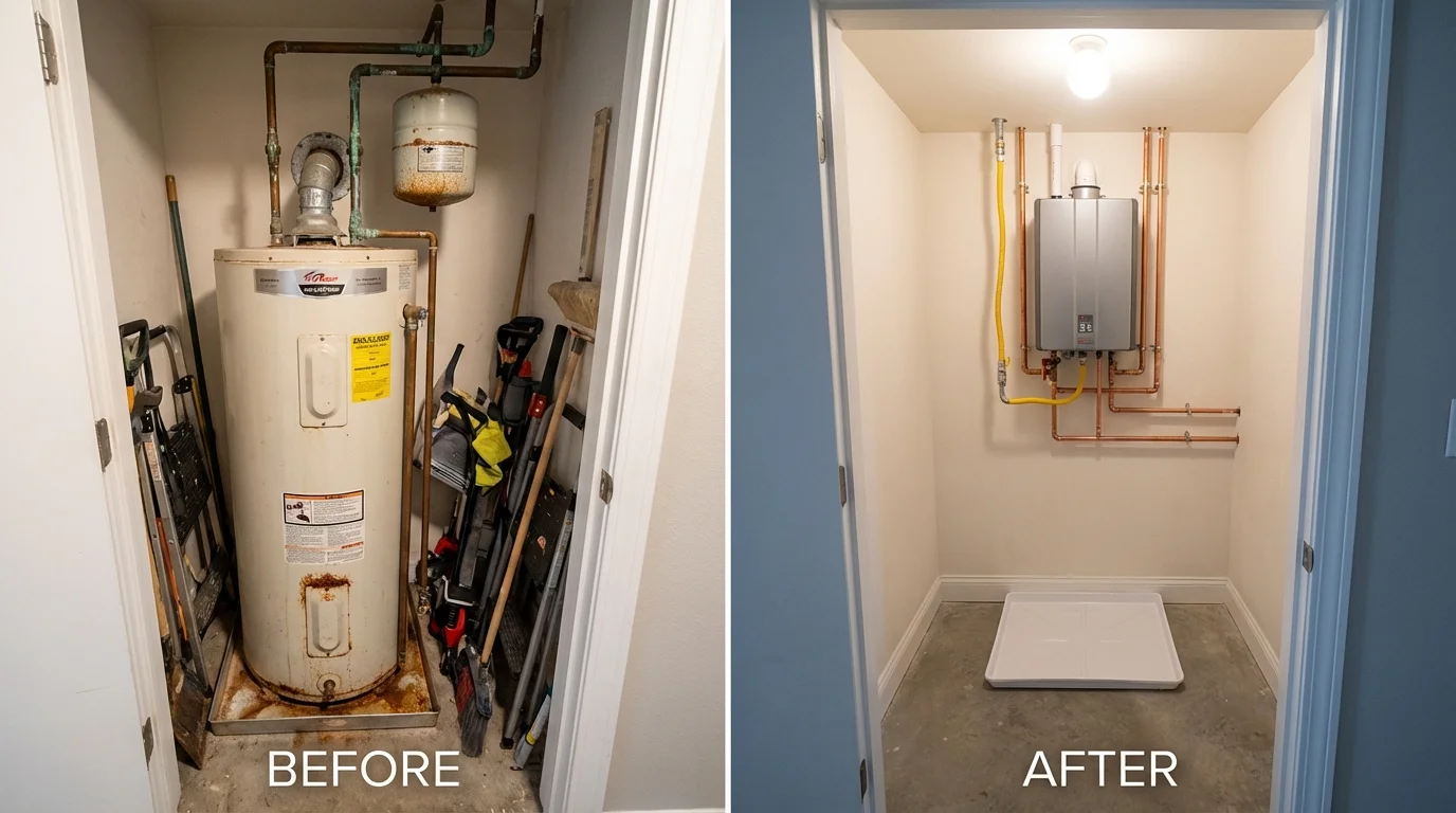 Tank water heater versus wall-mounted tankless unit comparison for Des Moines, IA homeowners