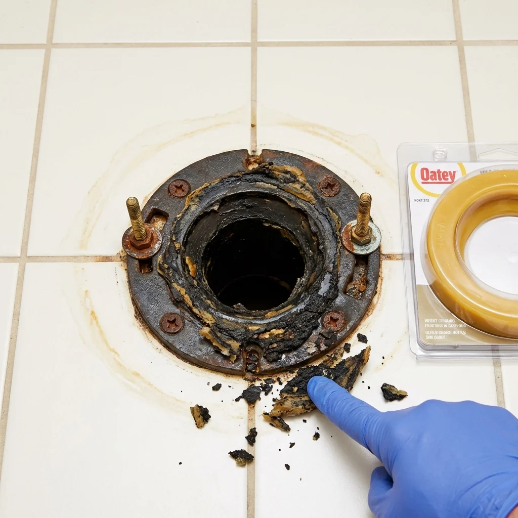 Failed wax ring showing water seepage at the base of a toilet in a Des Moines, IA home