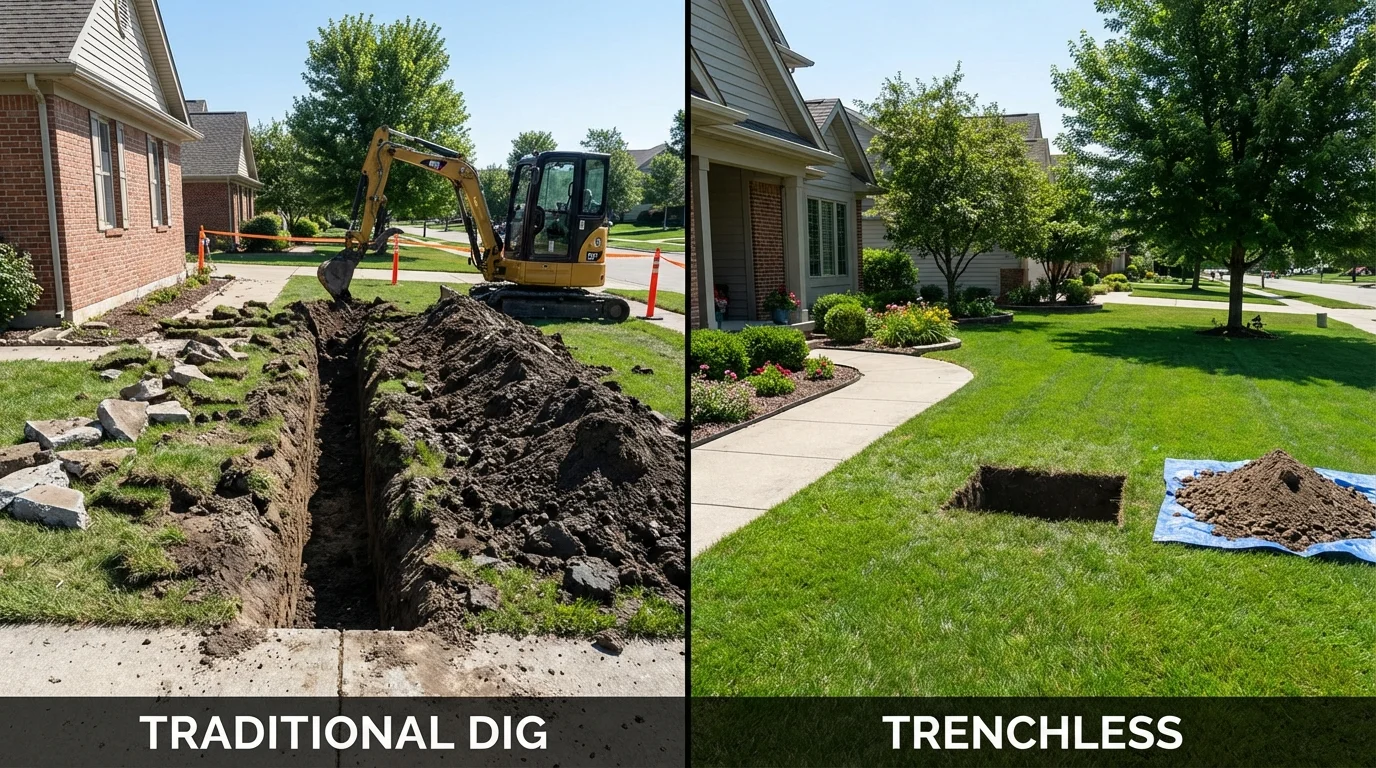 Trenchless sewer repair with minimal yard damage versus traditional excavation in Des Moines, IA